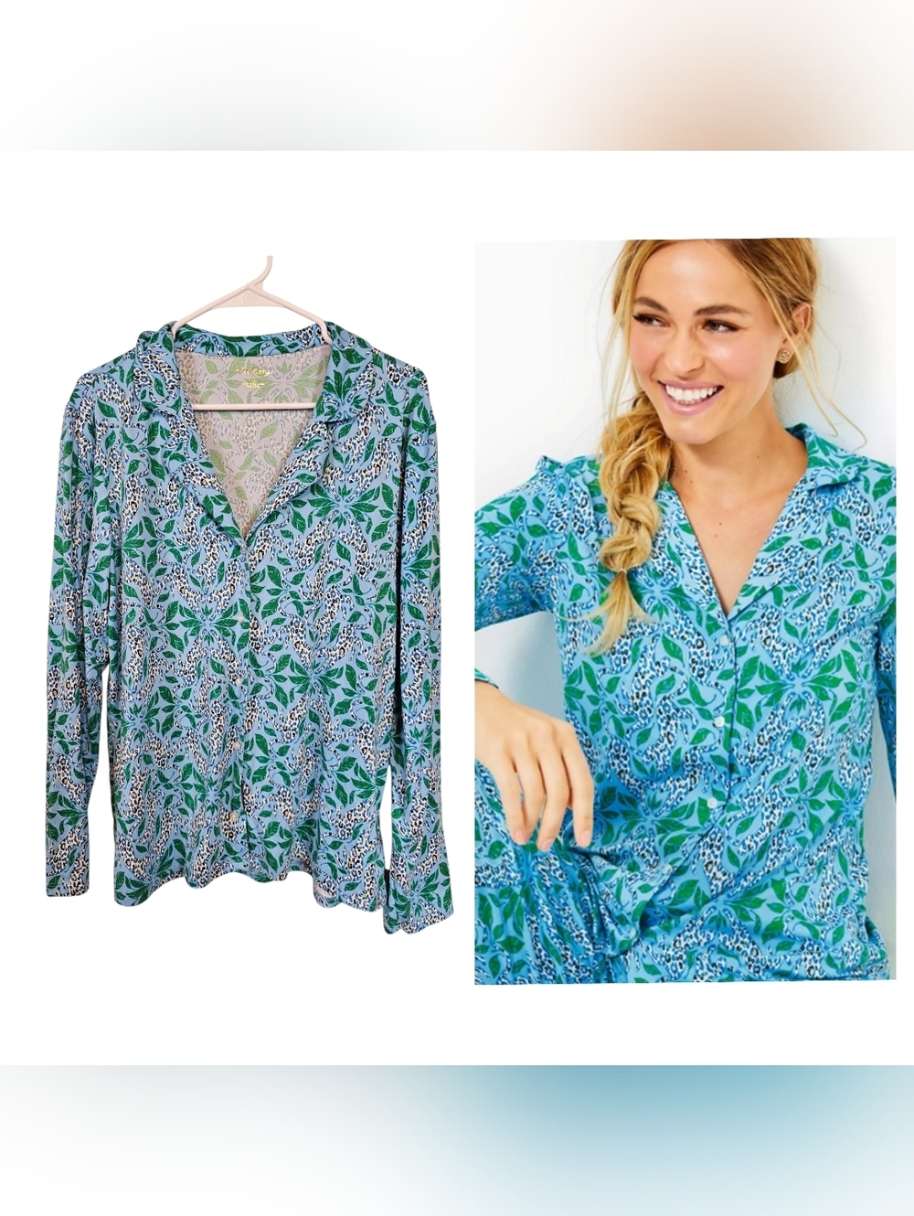 Lilly Pulitzer Melena Pullover Button Down Bon Bon Blue Leppard Print Sleep Shir